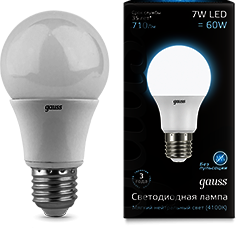102502207 Лампа Gauss LED A60 E27 7W 4100K 1/10/40