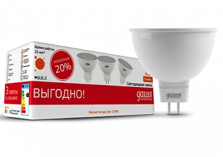 13517T Лампа Gauss LED Elementary MR16 7W 2700K 3/40 (3 лампы в упаковке)