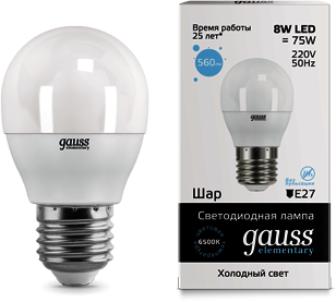 53238 Лампа Gauss LED Elementary Globe 8W E27 6500K 1/10/100