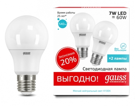 23227P Лампа Gauss LED Elementary A60 7W E27 4100K 2/100 (2 лампы в упаковке)