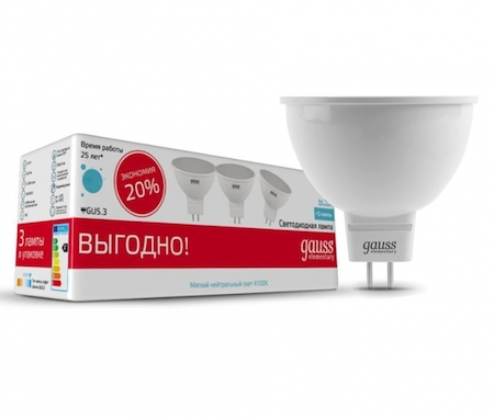13527T Лампа Gauss LED Elementary MR16 GU5.3 7W 4100K 3/40 (3 лампы в упаковке)