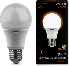 102502107 Лампа Gauss LED A60 E27 7W 2700K 1/10/50