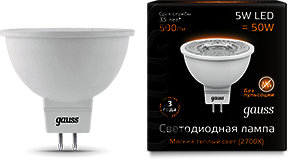 101505105 Лампа Gauss LED MR16 GU5.3 5W 3000K 1/10/100