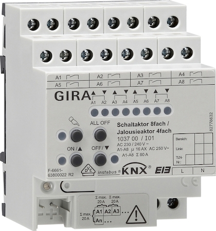 Gira 103700 Реле/Устройство управления жалюзи 8/4 канальное 16 А, с ручным управлением