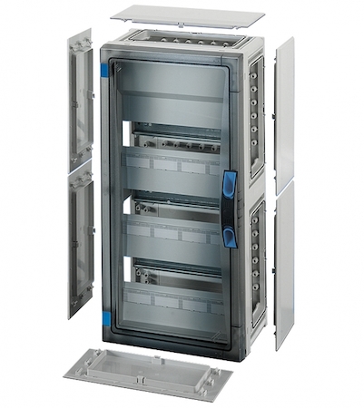 Hensel 68000159 FP 1318 - Корпус с прозрачной дверцей 3-рядный на 36 модулей, с пластроном, с шинами N+PE, со съемными боковыми панелями, с 6 соединителями корпусов, размер 3, 546х276х186 мм, ручное запирание, пломбируемый, материал поликарбонат, цвет серый, IP 66.