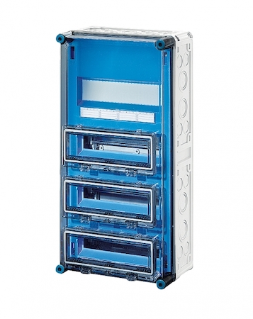 Hensel 2000608 Mi 1443 - Корпус 4-рядный, 36 модулей, с DIN-рейкой 216мм (глубина монтажа 72мм), под модульные автоматы с 3 прозрачными защелкивающимися крышками, пластроном без шин N+PE, размер 4 (300х600х185 мм), высота крышки 57 мм, 4 боковые выбиваемые стенки с опре