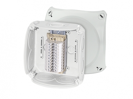 Hensel 62000175 RK 0610 T - Коробка ответвительная с рядными клеммами, пломбируемая, для внутренней, или защищеной установки, размер 130х130х77 мм, 7 мембранных вводов (9-21 мм) по периметру коробки и 1 мембранный ввод в основании (9-20 мм), петли внешнего крепления и по