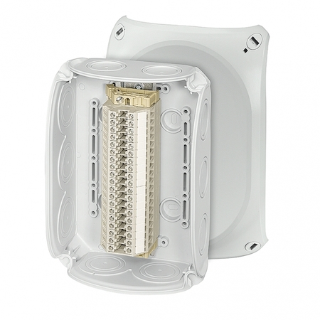 Hensel 62000178 RK 1019 T - Коробка ответвительная с рядными клеммами, пломбируемая, для внутренней, или защищеной установки, размер 180х130х77 мм, 10 мембранных вводов (9-21 мм) по периметру коробки и 2 мембранных ввода в основании (9-20 мм), петли внешнего крепления и