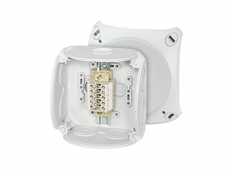 Hensel 62000174 RK 0405 T - Коробка ответвительная с рядными клеммами, пломбируемая, для внутренней, или защищеной установки, размер 104х104х70 мм, 7 мембранных вводов (9-17 мм) по периметру коробки и 1 мембранный ввод в основании (6-15 мм), петли внешнего крепления и по