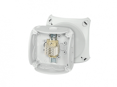 Hensel 62000171 RK 0203 T - Коробка ответвительная с рядными клеммами, пломбируемая, для внутренней, или защищеной установки, размер 93х93х62 мм, 7 мембранных вводов (6-15 мм) по периметру коробки и 1 мембранный ввод в основании (6-13 мм), петли внешнего крепления и пово