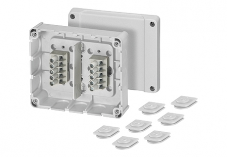 Hensel 6000042 DP 9222 - Коробка ответвительная для кабельных каналов, IP 54, цвет серый, в комплекте с 7 выдвижными заглушками DPS 02, размер 119х139х49, материал полистирол, герметичная зона 10-13,5мм, 2 х 5-полюсных клеммника 1,5-2,5/4 мм2