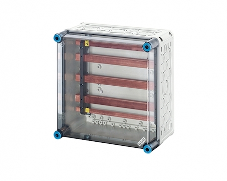 Hensel 2000785 Mi 6255 - Корпусс 5-полюсными токовыми шинами 400А (L=284 мм), межфазное расстояние 60 мм, (шины L1-L3 - 20x10, N - 12х10, PE - 12x5) с прозрачной пломбируемой крышкой, размер 2 (300х300х170 мм), высота крышки 57 мм, 4 боковые выбиваемые стенки с опрессов