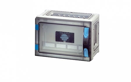 Hensel 68000111 FP 5104 - Корпус с установленным 4-х полюсным рубильником 100А, защитным пластроном, клеммой PE, с прозрачной дверцей, без съемных боковых панелей, с 4 соединителями корпусов, размер 1, 180х270х186 мм, ручное запирание, материал поликарбонат, цвет серый
