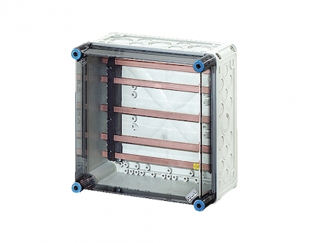 Hensel 2000645 Mi 6252 - Корпус с 5-полюсными токовыми шинами 250А (L=284 мм), межфазное расстояние 60 мм, (шины L1-L3 - 12x10, N+PE - 12x5) с прозрачной пломбируемой крышкой, размер 2 (300х300х170 мм), высота крышки 57 мм, 4 боковые выбиваемые стенки с опрессовкой под