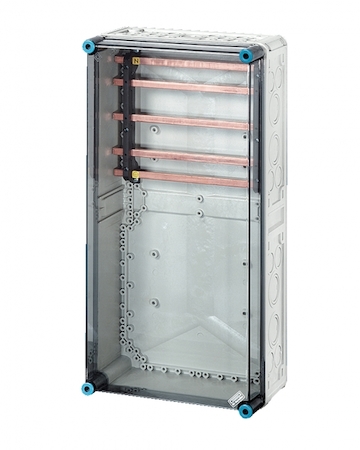 Hensel 2000791 Mi 6457 - Корпус с 5-полюсными токовыми шинами 250А (L=284 мм), межфазное расстояние 60 мм, (шины L1-L3 - 12x10, N+PE - 12x5) с прозрачной пломбируемой крышкой, размер 4 (300х600х170 мм), высота крышки 57 мм, 4 боковые выбиваемые стенки с опрессовкой под