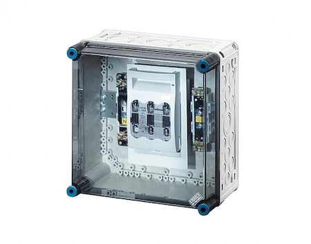Hensel 2000187 Mi 5250 - Корпус с 3-полюсным выключателем-разъединителем 1хNH 00, максимальный ток 125А и клеммами N+PE, подключение под кабель 4-35 мм2 или шинами Mi VS 100 (160), с прозрачной крышкой, размер 2 (300х300х170 мм), высота крышки 57 мм, 4 боковые выбиваемы
