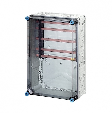 Hensel 2000651 Mi 6352 - Корпус с 5-полюсными токовыми шинами 250А (L=284 мм), межфазное расстояние 60 мм, (шины L1-L3 - 12x10, N+PE - 12x5) с прозрачной пломбируемой крышкой, размер 3 (300х450х170 мм), высота крышки 57 мм, 4 боковые выбиваемые стенки с опрессовкой под