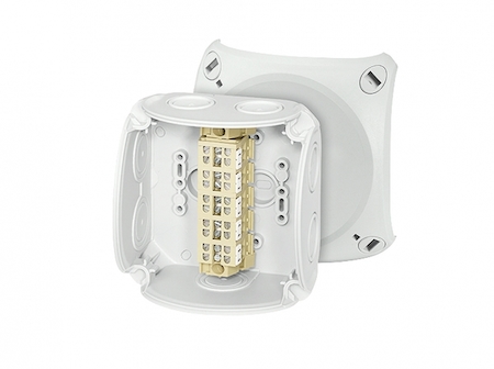 Hensel 62000164 DK 0402 A - Коробка ответвительная для алюминиевых и медных проводников, пломбируемая, для внутренней, или защищеной установки, размер 104х104х70 мм, 7 мембранных вводов (9-17 мм) по периметру коробки и 1 мембранный ввод в основании (6-15 мм), петли внешн