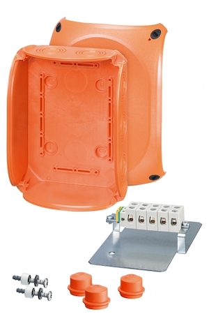 Hensel 62000187 FK 1606 - Коробка ответвительная для пожароопасных зон, предел огнестойкости Е30 и Е90, IP 65/66, размер 155х210х92, цвет оранжевый, материал поликарбонат, в комплекте с 3-мя сальниками EDKF 32 (IP65), герметичная зона 8-23мм, 5-пол. клемма из жаропрочной