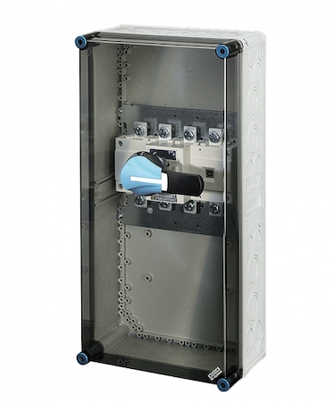 Hensel 20000590 Mi 7454 - Корпус с 4-полюсным выключателем нагрузки 250А и клеммой PE, подключение под болт М10, или шину Mi VS 250, с прозрачной крышкой, размер 4 (300х600х239 мм), высота крышки 57 мм, 4 боковые выбиваемые стенки с опрессовкой под кабельные ввода, с воз