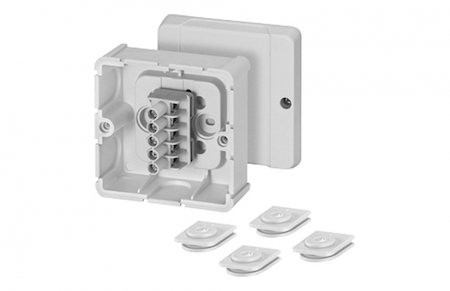 Hensel 6000038 DP 9025 - Коробка ответвительная для кабельных каналов, IP 54, цвет серый, в комплекте с 4 выдвижными заглушками DPS 02, размер 88х88х49, материал полистирол, герметичная зона 10-13,5мм, 5-пол. клеммник 1,5-2,5/4 мм2