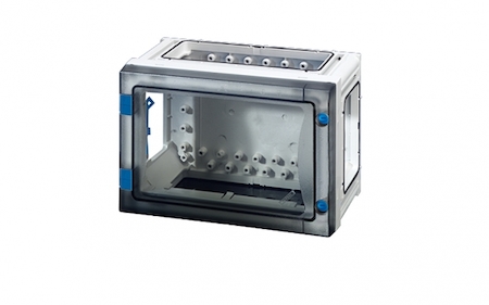 Hensel 68000197 FP 0100 - Пустой корпус с прозрачной дверцей, без съемных боковых панелей, с 4 соединителями корпусов, размер 1, 180х270х163 мм, открывание инструментом, пломбируемый, материал поликарбонат, цвет серый.