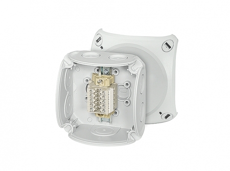 Hensel 62000172 RK 0205 T - Коробка ответвительная с рядными клеммами, пломбируемая, для внутренней, или защищеной установки, размер 93х93х62 мм, 7 мембранных вводов (6-15 мм) по периметру коробки и 1 мембранный ввод в основании (6-13 мм), петли внешнего крепления и пово