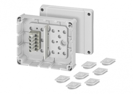 Hensel 6000041 DP 9221 - Коробка ответвительная для кабельных каналов, IP 54, цвет серый, в комплекте с 7 выдвижными заглушками DPS 02, размер 119х139х49, материал полистирол, герметичная зона 10-13,5мм, 5-полюсный клеммник 1,5-2,5/4 мм2