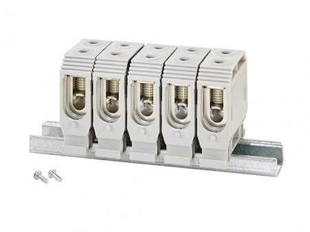 Hensel 62000120 DK KS 35 - 5-полюсная клемма на DIN-рейке, в комплекте с крепежными саморезами, для установки в коробки KF 35.... На каждый полюс: 6 проводов на 16 мм2 (s), 4х25 мм2 (s), 4х35 мм2 (s), 4х50 мм2 (s)