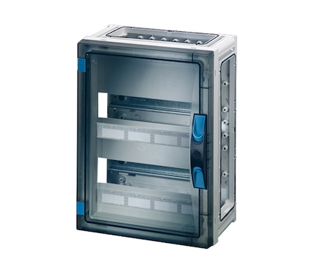 Hensel 68000178 FP 1219 - Корпус с прозрачной дверцей 2-рядный на 24 модуля, с пластроном, с шинами N+PE, без съемных боковых панелей, с 4 соединителями корпусов, размер 2, 360х270х186 мм, ручное запирание, пломбируемый, материал поликарбонат, цвет серый.