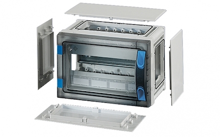 Hensel 68000157 FP 1108 - Корпус с прозрачной дверцей 1-рядный на 9 модулей, с пластроном, с шинами N+PE, со съемными боковыми панелями, с 4 соединителями корпусов, размер 1, 186х276х186 мм, ручное запирание, пломбируемый, материал поликарбонат, цвет серый, IP 66.