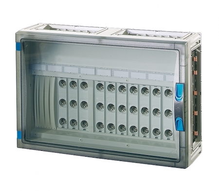 Hensel 68000117 FP 3435 - Корпус с токовыми шинами на 250А, защитным пластроном, клеммами 5х4-35 кв.мм, 26х1,5-16 кв.мм, межфазное расстояние 60 мм, (шины 12х5), 11 установленными перемыкающими предохранителями RS 18 D0, с прозрачной дверцей, без съемных боковых панелей, с 6 соединителями корпусов, размер 4, 360х540х186 мм, материал термопласт/поликарбонат, IP 65, цвет серый