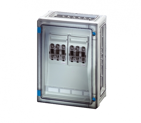 Hensel 68000230 FP 4212 - Корпус с 2-мя установленным выключателями-разъединителями под предохранители NH 00C, защитным пластроном, клеммами N+PE, под кабель 2,5-50 мм2, с прозрачной дверцей, без съемных боковых панелей, с 4 соединителями корпусов, размер 2, 360х270х163
