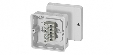 Hensel 6000044 DE 9325 - Коробка ответвительная, IP 55, размер 88х88х47, цвет серый, материал полистирол, уплотнительные эластичные мембраны на 10 вводов, герметичная зона  6,5-16мм, 5-пол. клеммник 1,5-2,5/4 мм2