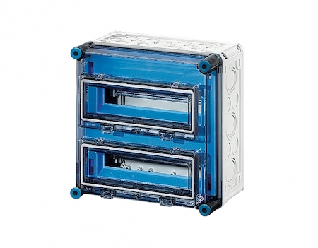 Hensel 2000603 Mi 1222 - Корпус 2-рядный, 24 модуля, под модульные автоматы с 2 прозрачными защелкивающимися крышками, пластроном и шинами N+PE на каждую 3х25мм2 и 12х4мм2, размер 2 (300х300х185 мм), высота крышки 57 мм, 4 боковые выбиваемые стенки с опрессовкой под каб