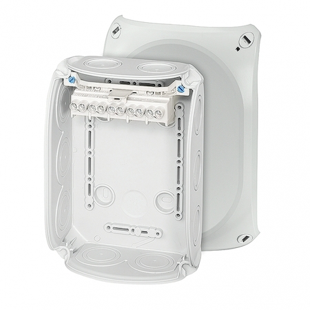 Hensel 62000009 DK 1006 G - Коробка ответвительная, пломбируемая, для внутренней, или защищеной установки, размер 180х130х77 мм, 10 мембранных вводов (9-21 мм) по периметру коробки и 2 мембранных ввода в основании (9-20 мм), петли внешнего крепления и поводок крышки в ко
