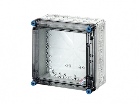 Hensel 2000061 Mi 0220 - Пустой корпус с прозрачной крышкой и дверью на шарнирах, размер 2 (300х300х182 мм), высота крышки 69 мм, 4 боковые выбиваемые стенки с опрессовкой под кабельные ввода, с возможностью объединения, стойкие к УФ, материал поликарбонат, цвет серый,