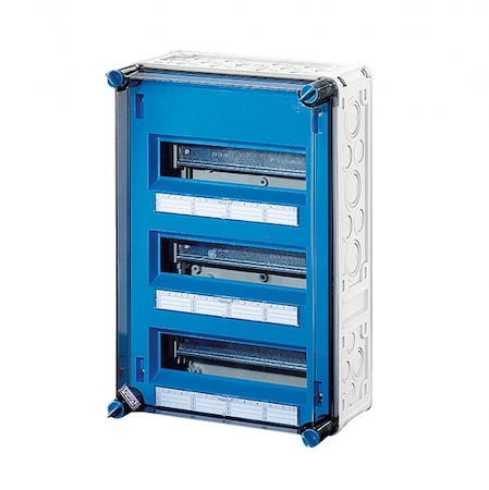 Hensel 2000613 Mi 1335 - Корпус 3-рядный, 36 модулей, под модульные автоматы с прозрачной крышкой, пластроном без шин N+PE, размер 3 (300х450х170 мм), высота крышки 57 мм, 4 боковые выбиваемые стенки с опрессовкой под кабельные ввода, с возможностью объединения, стойкие