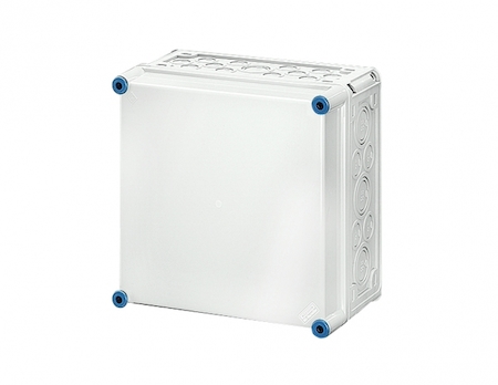 Hensel 2000008 Mi 0201 - Пустой корпус с непрозрачной крышкой, размер 2 (300х300х170 мм), высота крышки 57 мм, 4 боковые выбиваемые стенки с опрессовкой под кабельные ввода, с возможностью объединения, стойкие к УФ, материал поликарбонат, цвет серый, IP 65 (IP 69K)