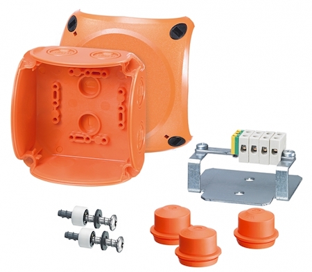 Hensel 62000180 FK 0402 - Коробка ответвительная для пожароопасных зон, предел огнестойкости Е30 и Е90, IP 65/66, размер 104х104х70, цвет оранжевый, материал поликарбонат, в комплекте с 3-мя сальниками EDKF 25 (IP65), герметичная зона 9-17мм, 5-пол. клемма из жаропрочной