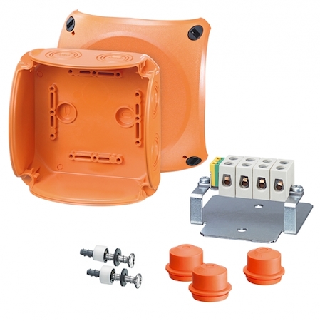 Hensel 62000183 FK 0606 - Коробка ответвительная для пожароопасных зон, предел огнестойкости Е30 и Е90, IP 65/66, размер 130х130х77, цвет оранжевый, материал поликарбонат, в комплекте с 3-мя сальниками EDKF 32 (IP65), герметичная зона 8-23мм, 5-пол. клемма из жаропрочной