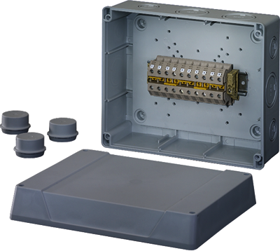 Hensel 60001009 K 9351- Коробка ответвительная, в комплекте с 3 сальниками ESM 40, размер 260х210х117, цвет серый, материал полистирол, преднамеченные выбиваемые отверстия на 12 вводов  M32/40, герметичная зона  17-30мм, 5-пол. клеммник для медных и алюминиевых проводов,