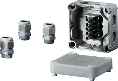 Hensel 60000119 DN 2035 - Коробка ответвительная, размер 85х85х51, цвет серый, материал полипропилен, эластичные мембраны на 8 вводов с резьбой M20, в комплекте с 3 сальниками ADM 20, IP 55/65 (ADM), 5-полюсный клеммник, под кабель 1,5-2,5/4 мм2