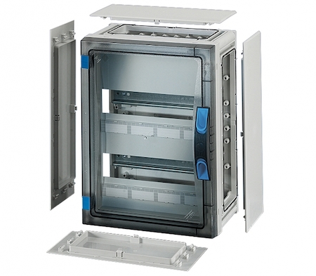 Hensel 68000144 FP 1217 - Корпус с прозрачной дверцей 2-рядный на 24 модуля, с пластроном, без шин N+PE, со съемными боковыми панелями, с 4 соединителями корпусов, размер 2, 186х276х186 мм, ручное запирание, пломбируемый, со съемным держателем DIN-реек, материал поликарб