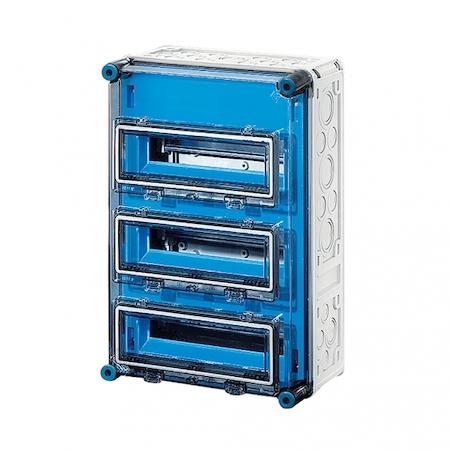 Hensel 2000605 Mi 1333 - Корпус 3-рядный, 36 модулей, под модульные автоматы с 3 прозрачными защелкивающимися крышками, пластроном и шинами N+PE на каждую 6х25мм2 и 24х4мм2, размер 3 (300х450х185 мм), высота крышки 57 мм, 4 боковые выбиваемые стенки с опрессовкой под ка