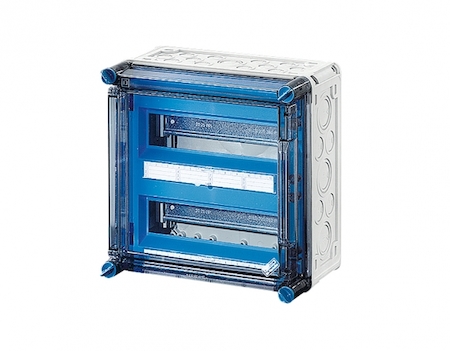 Hensel 2000602 Mi 1220 - Корпус 2-рядный, 24 модуля, под модульные автоматы с 1 прозрачной крышкой на шарнирах, пластроном и шинами N+PE на каждую 3х25мм2 и 12х4мм2, размер 2 (300х300х182 мм), высота крышки 57 мм, 4 боковые выбиваемые стенки с опрессовкой под кабельные
