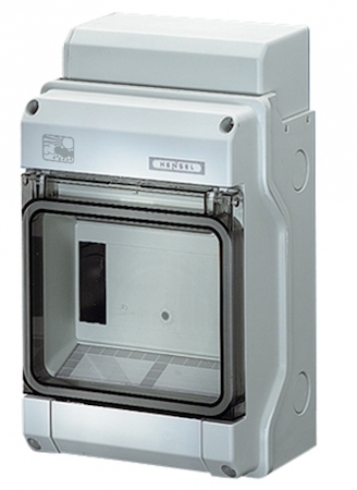 Hensel 61001102 KV PC 9106 - Бокс на 6 модулей, 1 ряд, ввод через преднамеченные выбиваемые отверстия по 2хМ20/25 и 1хМ25/32 (сверху и снизу), с заглушкой, с клеммой PE+N, IP 65, с прозрачной дверью, цвет серый, материал поликарбонат, стойкий к УФ.
