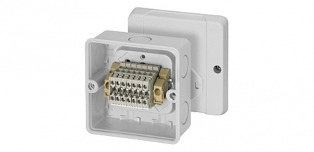 Hensel 6000027 RD 9127 - Коробка ответвительная , IP 55 (ESM) / IP 65 (AKM), размер 88х88х53, c внешним креплением, цвет серый, материал полистирол, преднамеченные выбиваемые отверстия на 7 вводов М20, наборная клемма из 7 клемм WKM 2,5/15, под кабель до 1,5-2,5 мм2, ка