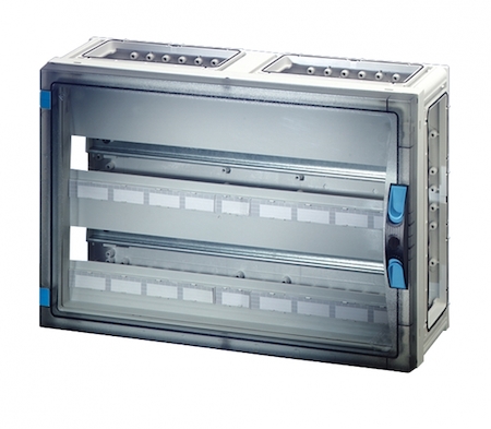 Hensel 68000127 FP 1406 - Корпус с прозрачной дверцей 2-рядный на 54 модуля, с пластроном, без шин N+PE, без съемных боковых панелей, с 6 соединителями корпусов, размер 4, 360х540х186 мм, ручное запирание, пломбируемый, со съемным держателем DIN-реек, материал поликарбон