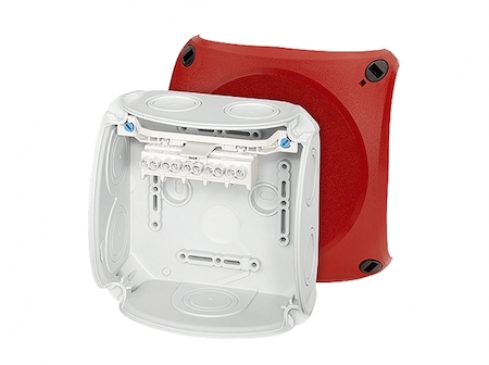 Hensel 62000040 DK 0604 R - Коробка ответвительная, для цепей аварийного освещения, пломбируемая, для внутренней, или защищеной установки, размер 130х130х77 мм, 7 мембранных вводов (9-21 мм) по периметру коробки и 1 мембранный ввод в основании (9-20 мм), петли внешнего к